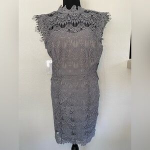 Slate Grey open back lace cocktail with scallop sleeve trim dress • Size Large